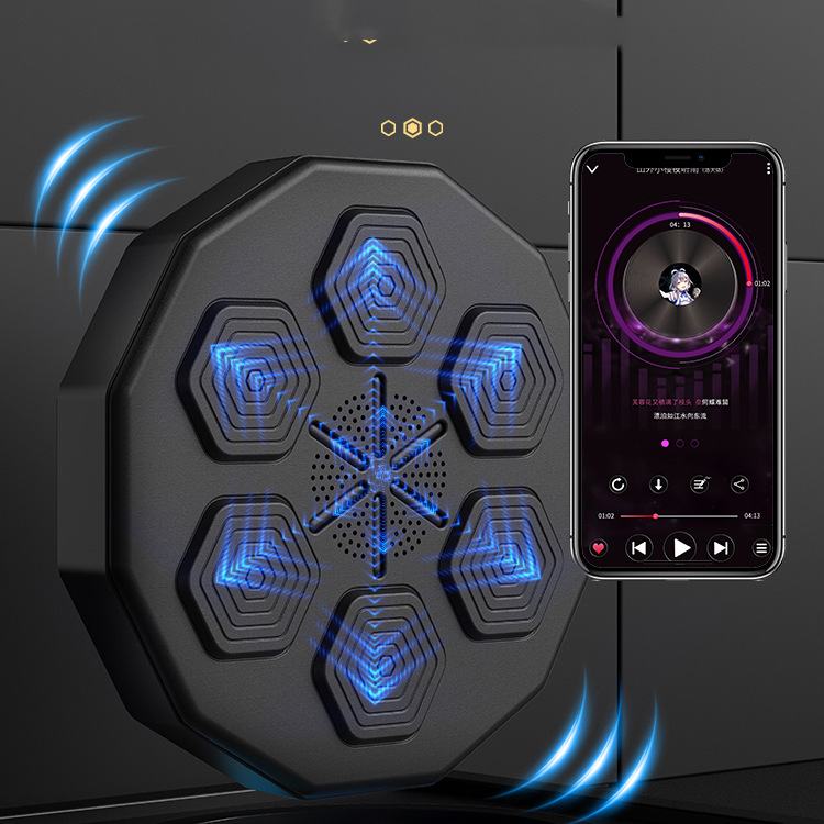 Black electronic device with blue hexagonal patterns and a smartphone displaying music app interface.