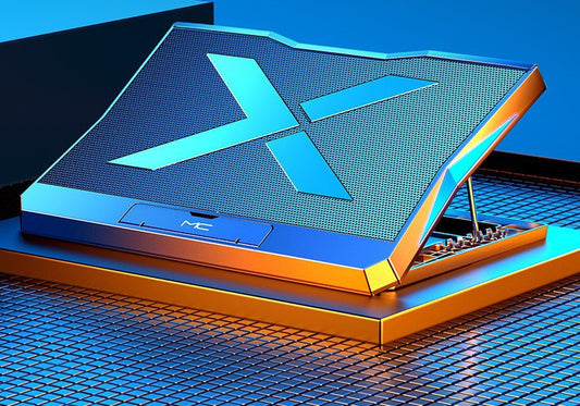 Glossy gaming laptop with blue and orange design on a blue grid background