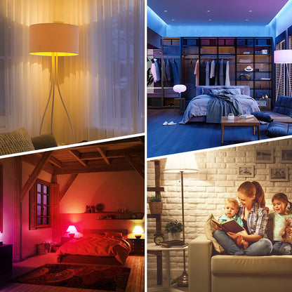 Collage of four different bedroom scenes with various lighting and decor.