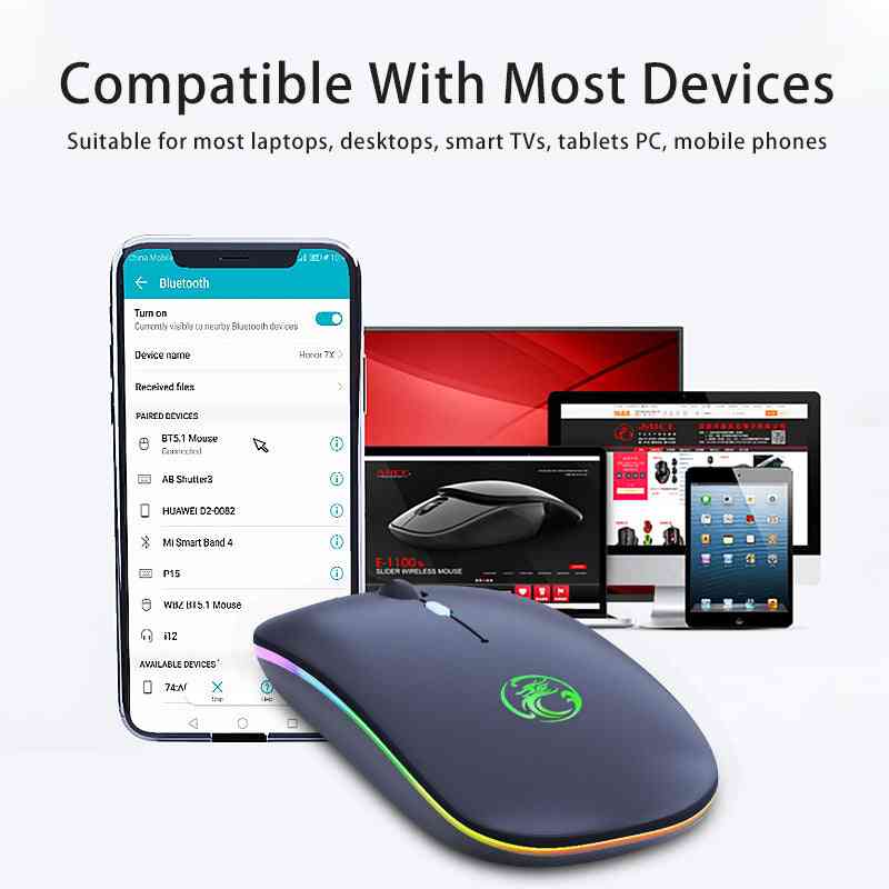 Wireless mouse with smartphone app interface and multiple device screens on a white background