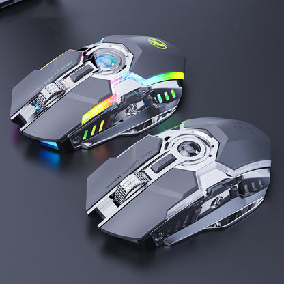 Two futuristic gaming mice with RGB lighting on a dark background