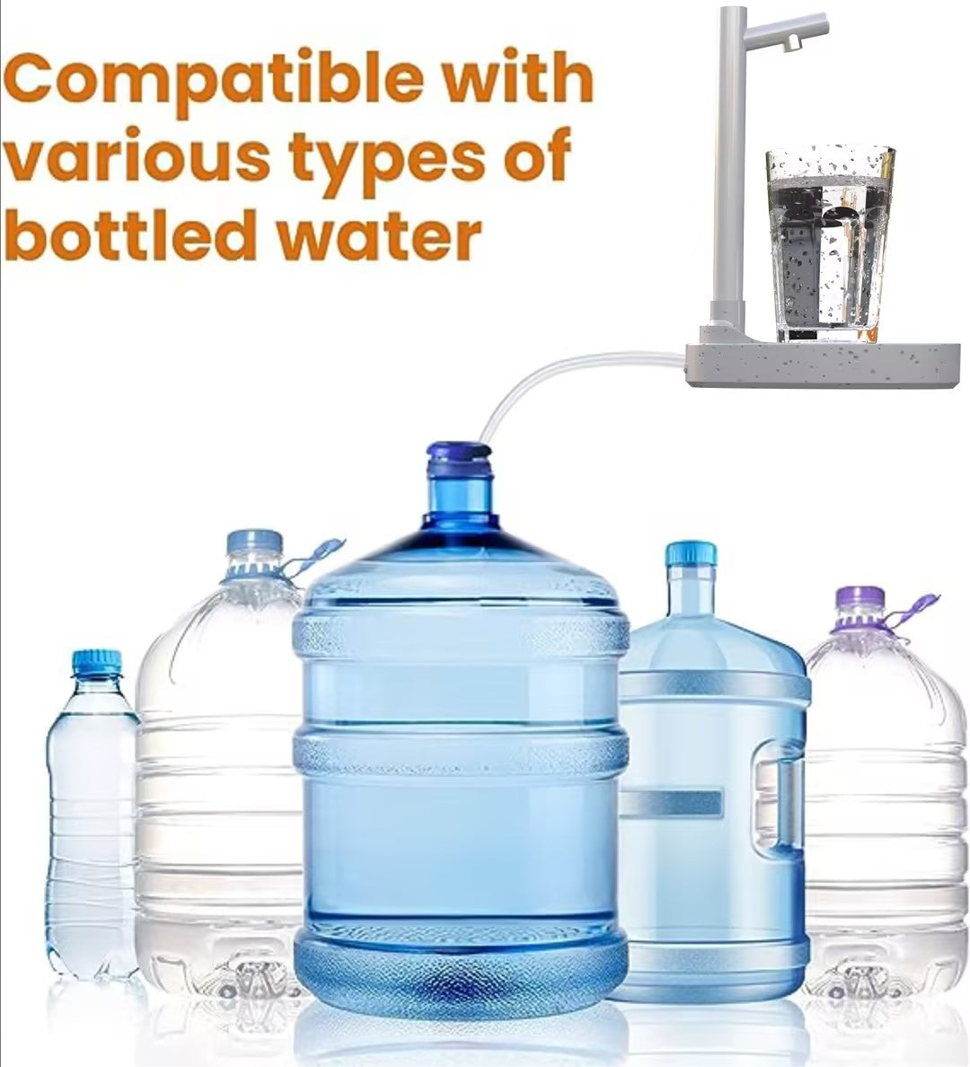 Bottles of water with a water dispenser and text 'Compatible with various types of bottled water'.