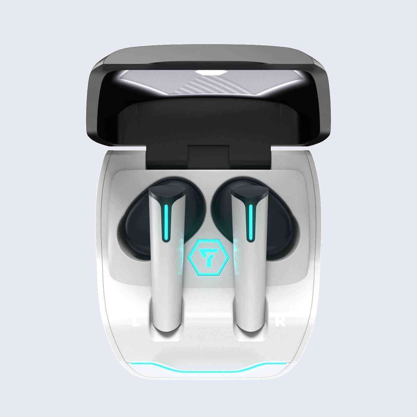 Wireless earbuds with charging case on a light gray background