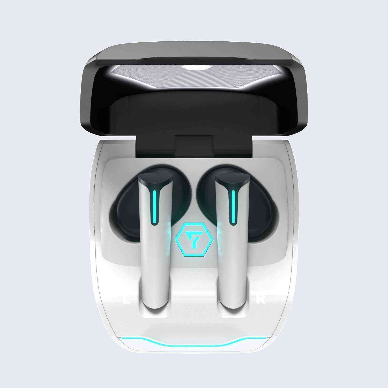 Wireless earbuds with charging case on a light gray background