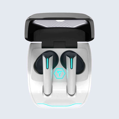 Wireless earbuds with charging case on a light gray background