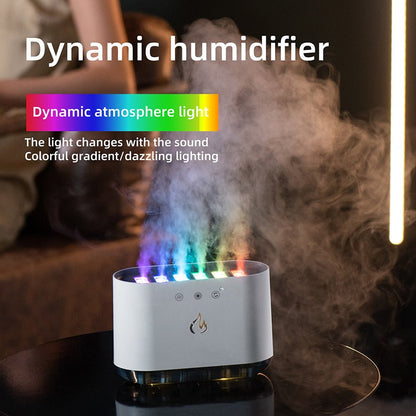 Dynamic humidifier with colorful light display and steam in a room setting