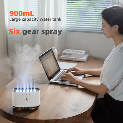 Person using a laptop with a humidifier on a desk, featuring text about water tank capacity and spray gear.