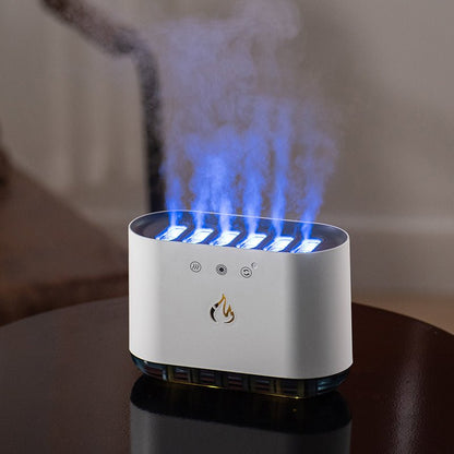 White humidifier emitting steam on a dark surface with a blurred background