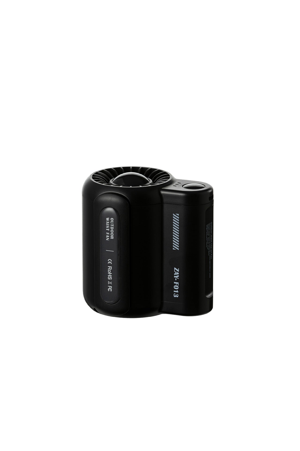 Black cylindrical device with text on a white background