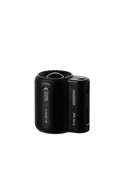 Black cylindrical device with text on a white background