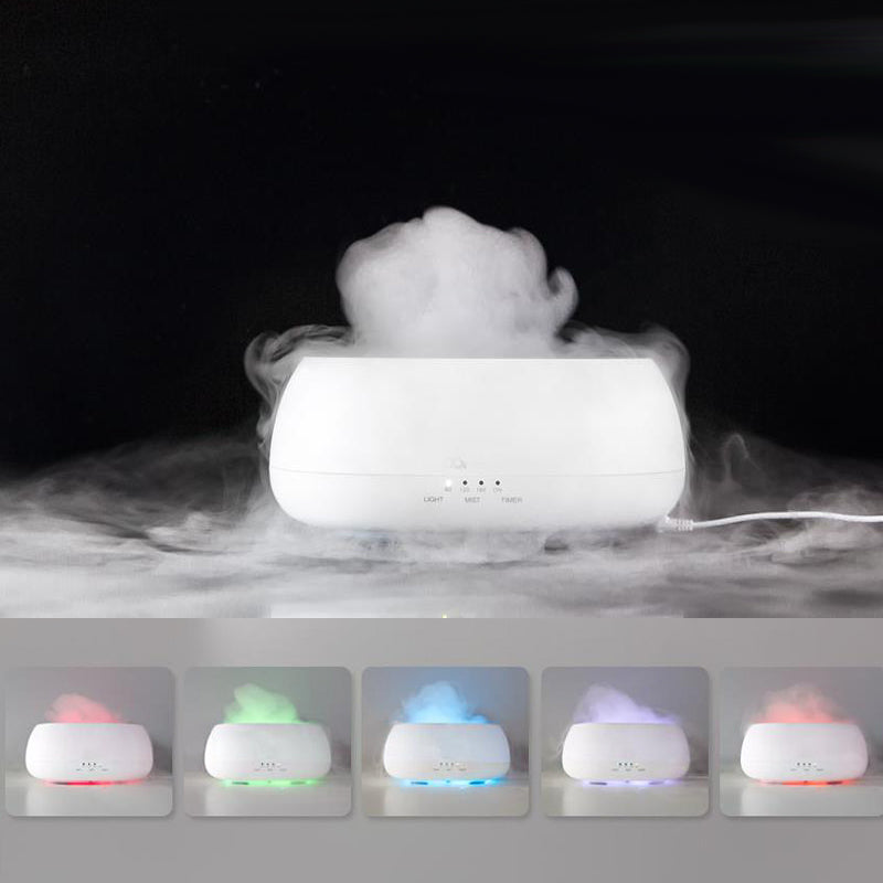 White humidifier emitting mist with color-changing lights on a dark background
