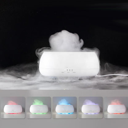 White humidifier emitting mist with color-changing lights on a dark background