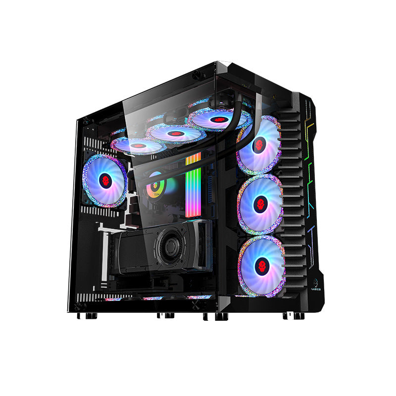 Computer case with RGB lighting on a white background