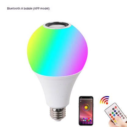 Colorful smart light bulb with Bluetooth and app control features on a white background