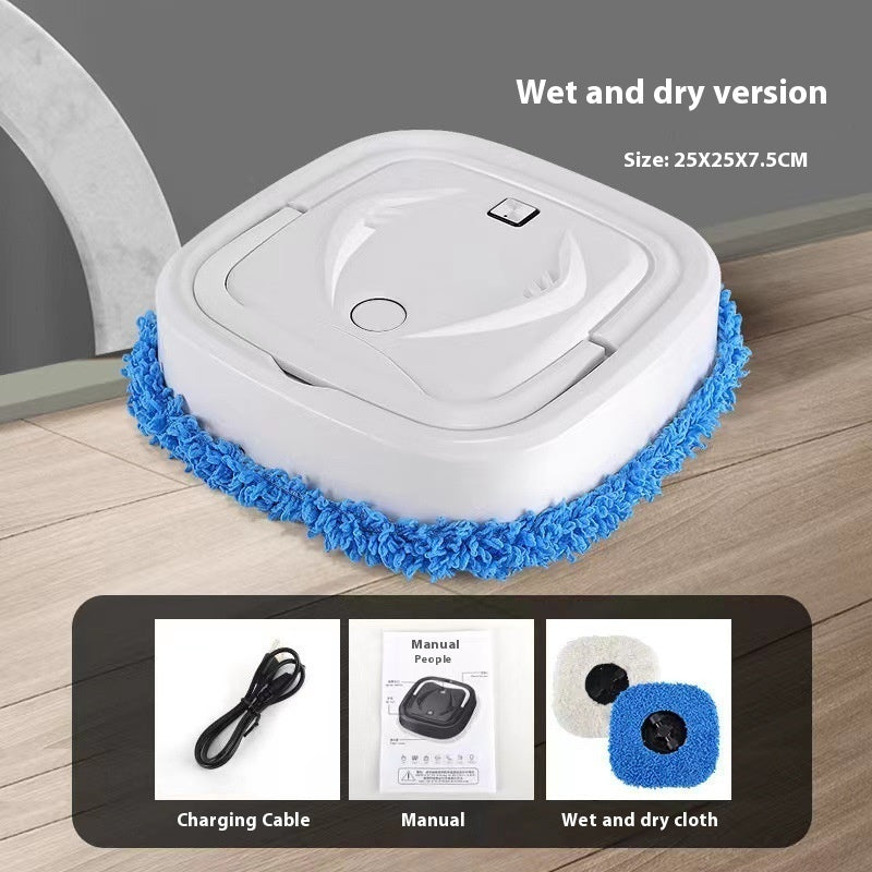 White robot vacuum cleaner with blue cleaning pad on a wooden floor, with accessories displayed below.