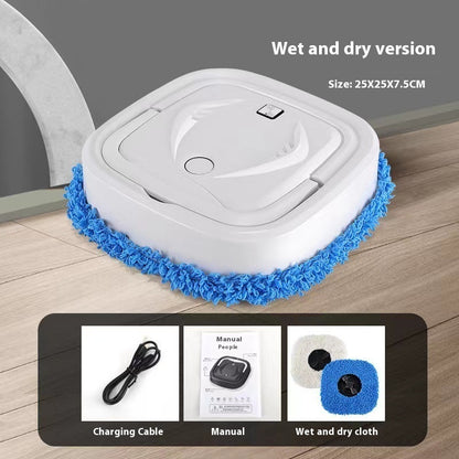 White robot vacuum cleaner with blue cleaning pad on a wooden floor, with accessories displayed below.