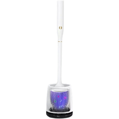 Cleaning brush with colorful bristles in a transparent holder on a white background