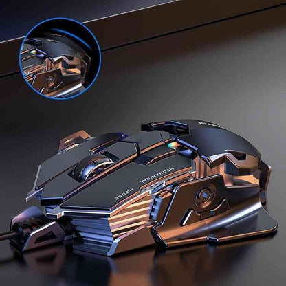 Glossy gaming mouse with intricate design on a dark background