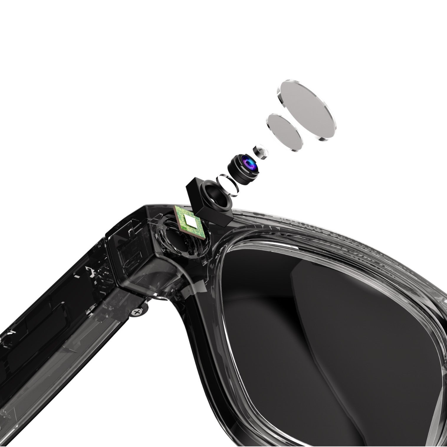 Smart AI Glasses with a camera lens and screen on a white background