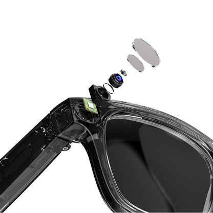 Smart AI Glasses with a camera lens and screen on a white background