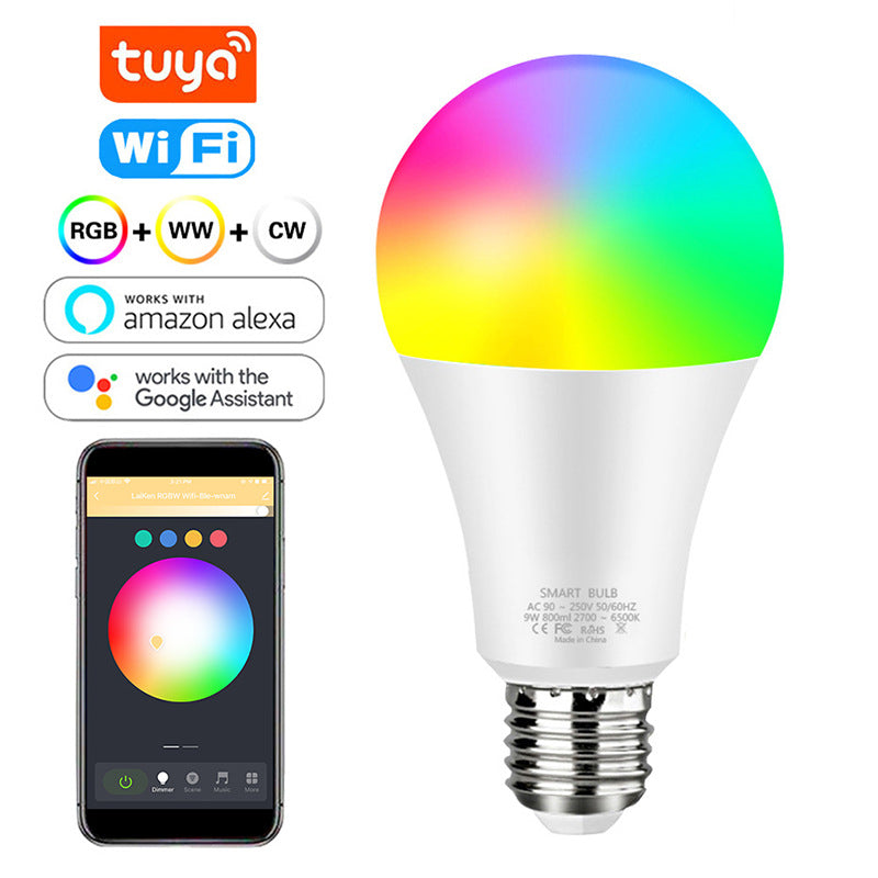 Smart LED bulb with color display and compatibility icons on a white background
