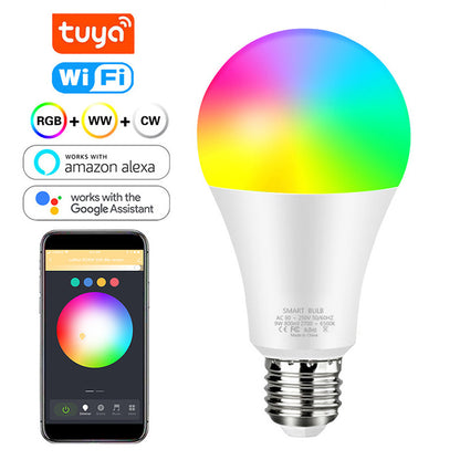 Smart LED bulb with color display and compatibility icons on a white background