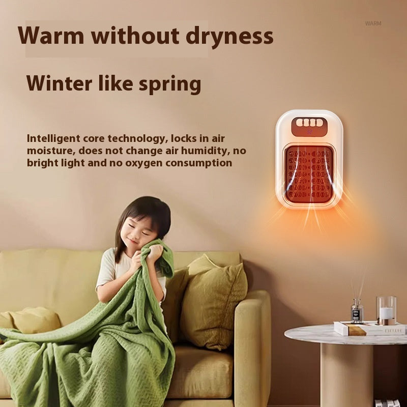 Person wrapped in a blanket next to a wall mounted heater with text about its benefits.