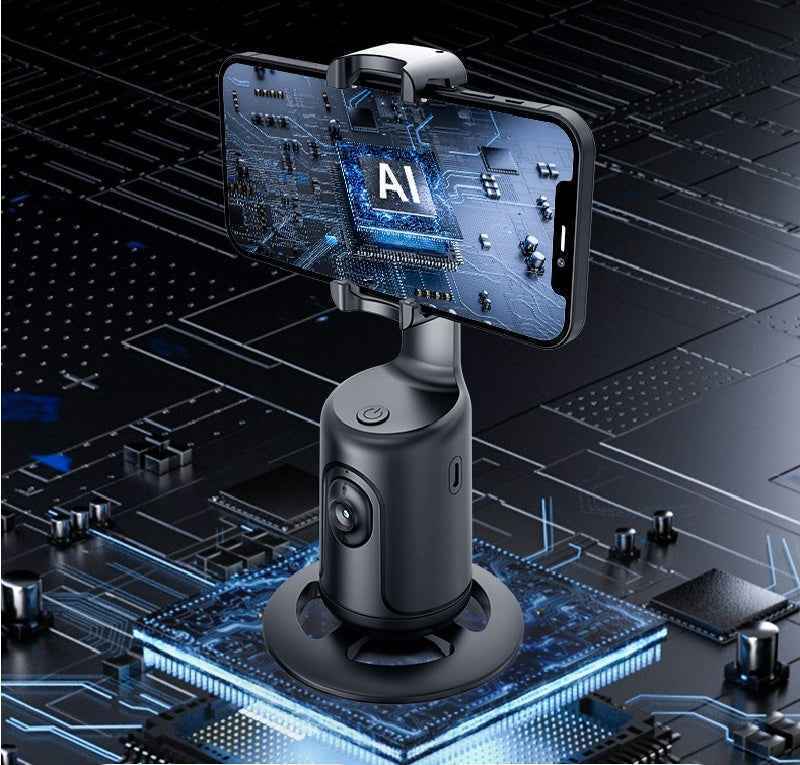 Phone holder with smartphone displaying AI chip on a circuit board background