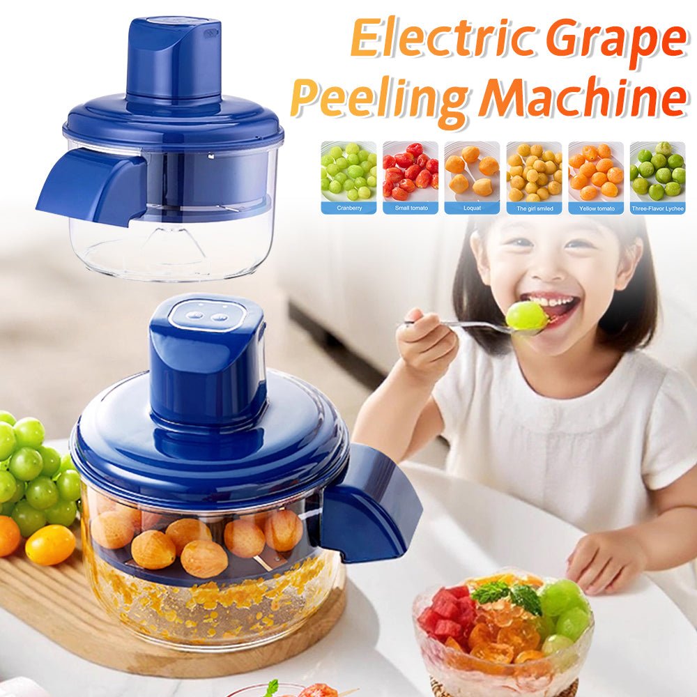 Electric grape peeling machine with a child eating fruit and a bowl of mixed fruits on a white background.