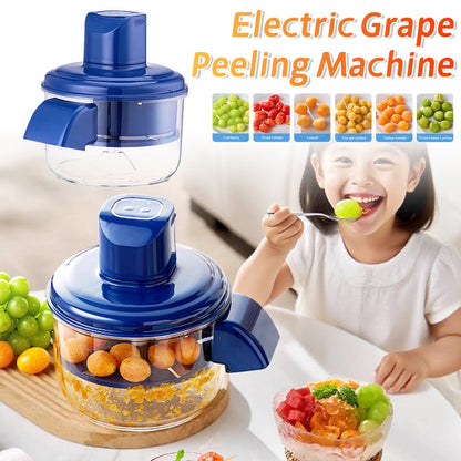 Electric grape peeling machine with a child eating fruit and a bowl of mixed fruits on a white background.