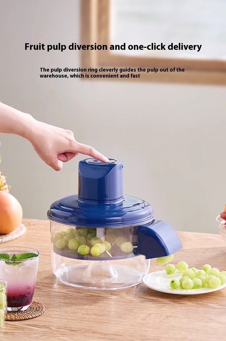 Blue fruit pulper on a wooden table with grapes and a glass of juice, text about fruit pulp diversion.