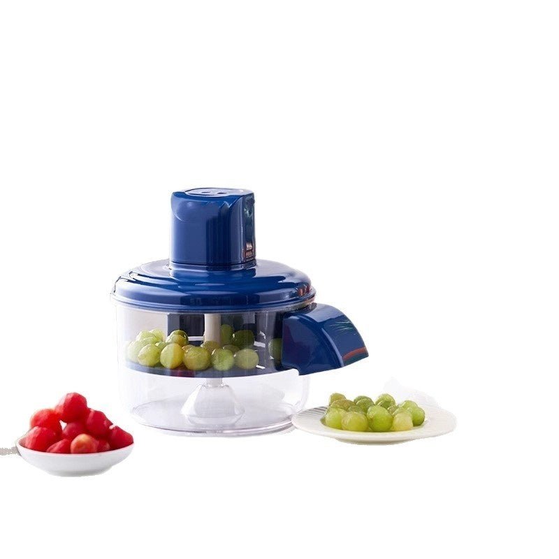 Blue and white juicer with grapes and berries on a white background