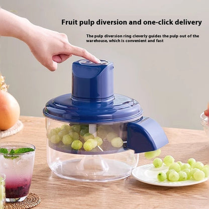 Fruit pulping device with grapes on a wooden table, text about fruit pulp diversion.
