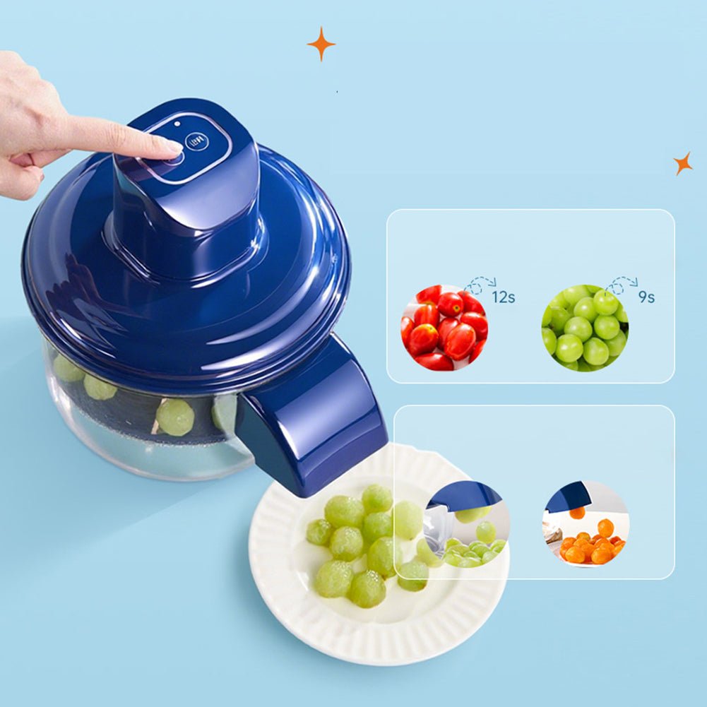 Blue food chopper with a hand pointing to it on a light blue background