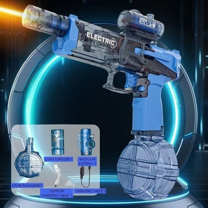 Toy gun with electronic components on a dark background