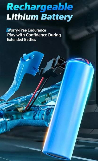 Rechargeable lithium battery with robot arm on dark background