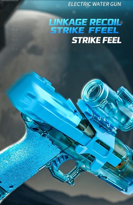 Blue electric water gun with text on a dark background