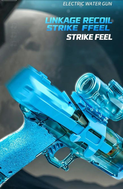 Blue electric water gun with text on a dark background