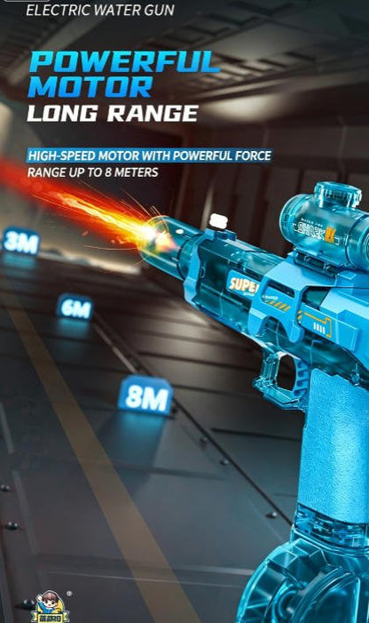 Blue electric water gun with text highlighting features on a dark background