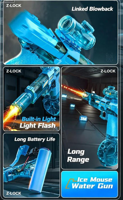 Collage of a water gun with features highlighted, including 'Z-Lock', 'Linked Blowback', 'Built-in Light', 'Long Battery Life', and 'Long Range'.
