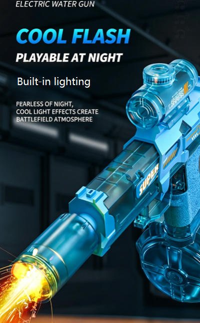 Blue electric water gun with built-in lighting effects on a dark background