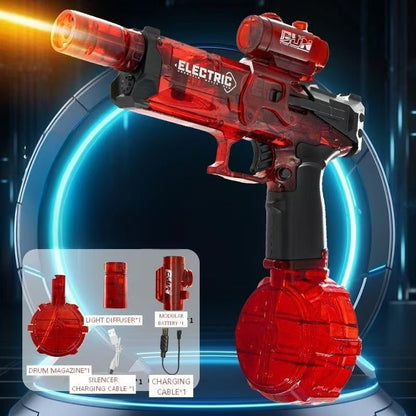 Red electric toy gun with accessories on a futuristic background