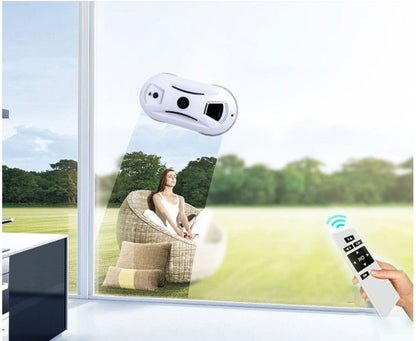 Smart window with a camera and remote control, showing a person in a chair outdoors.