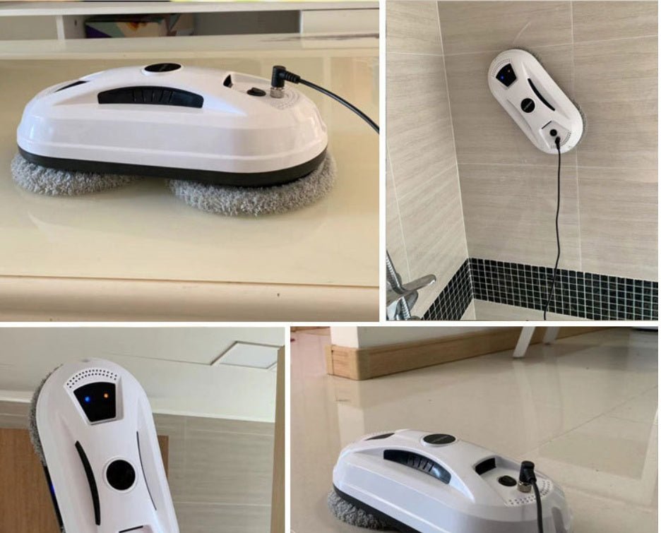 Collage of a robot vacuum cleaner cleaning various surfaces.
