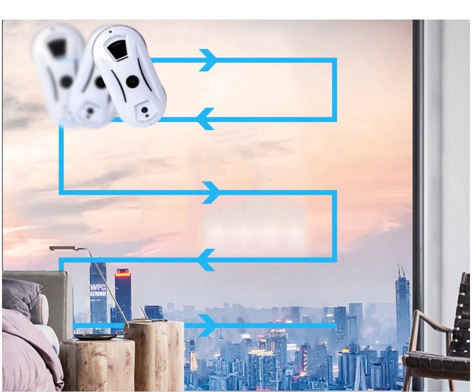 Smart home device with arrows pointing to a cityscape view from a window.