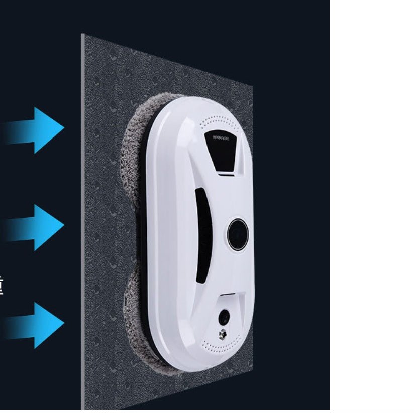 White electronic device with display and buttons on a textured black surface with blue arrows indicating airflow.