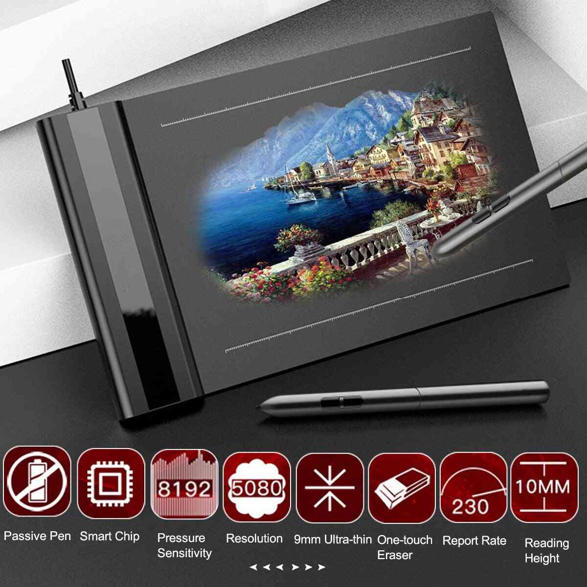 Digital drawing tablet with stylus on a white background