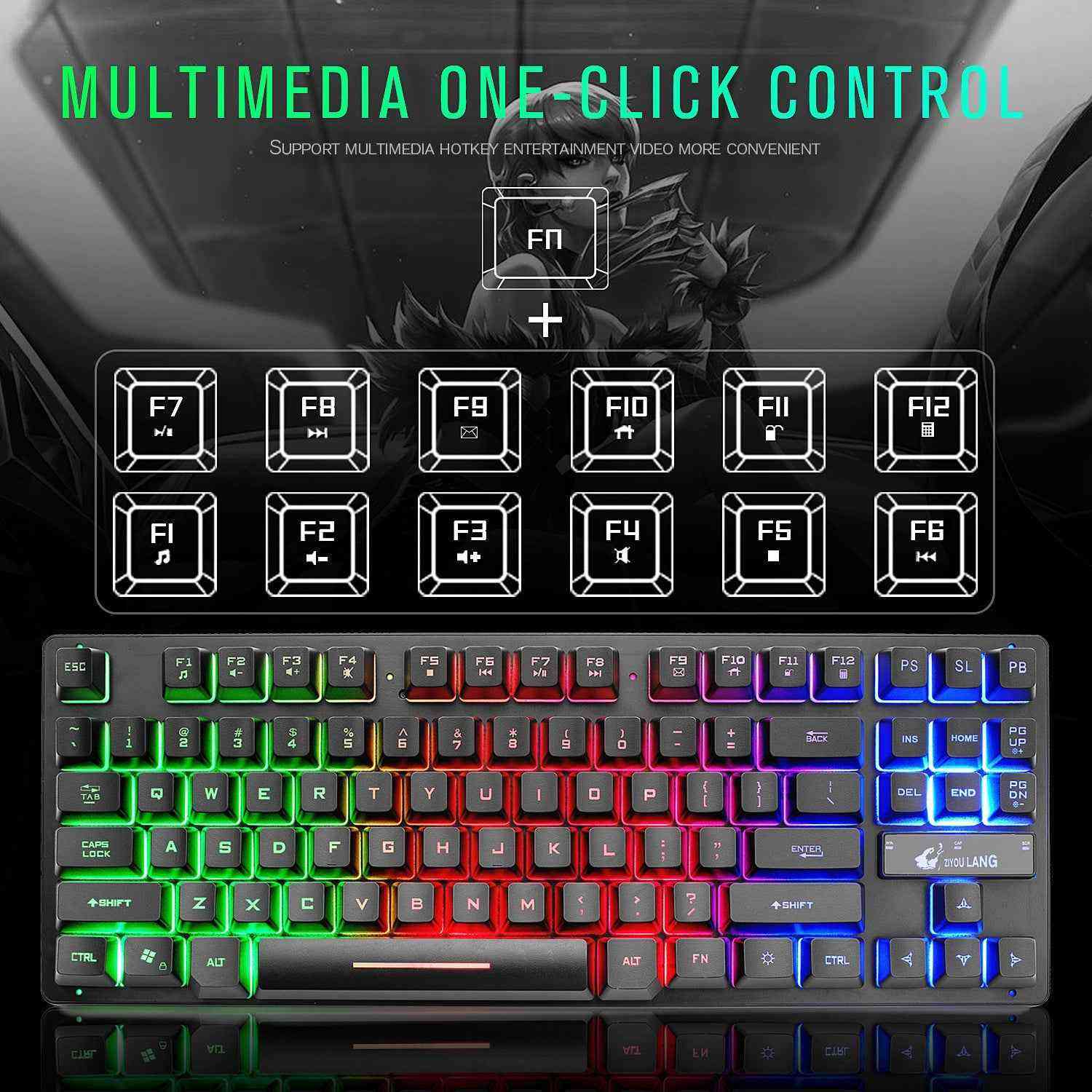 Multimedia one-click control keyboard with colorful backlighting on a dark background
