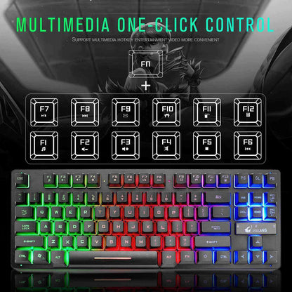 Multimedia one-click control keyboard with colorful backlighting on a dark background