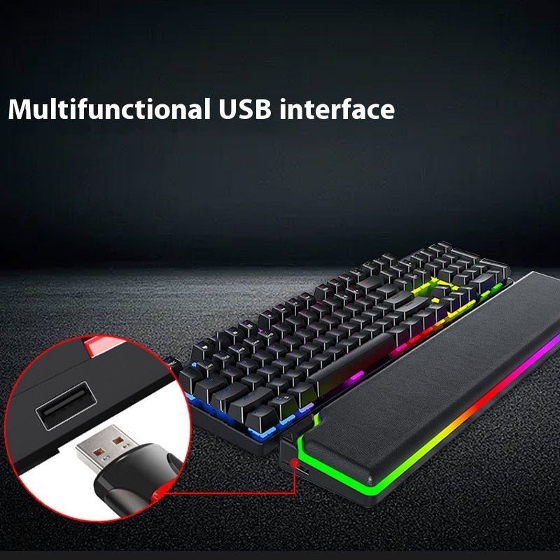 Keyboard with RGB lighting and multifunctional USB interface on a dark background